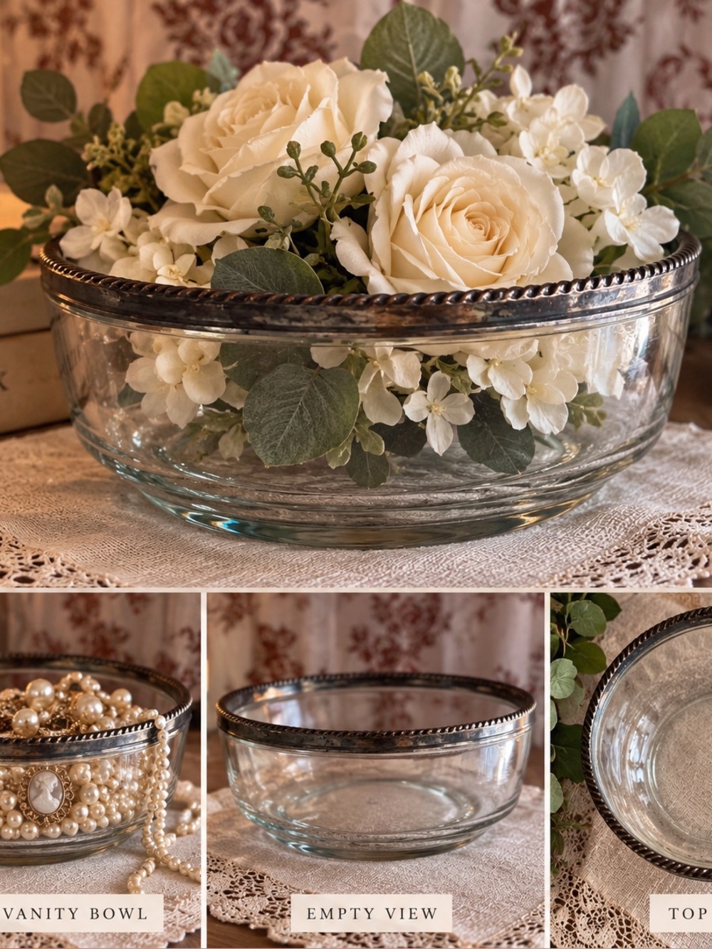 Glass Vanity Bowl with Silver-Tone Rope Rim -